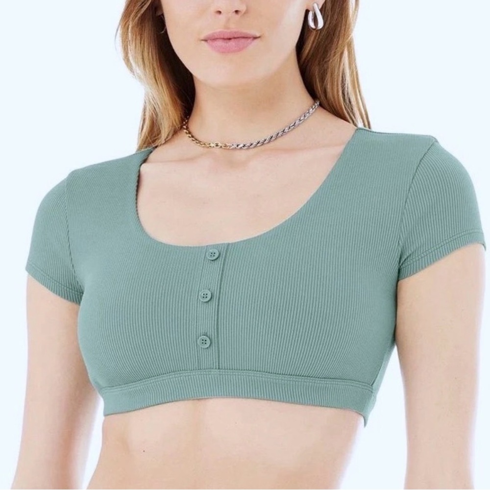 ALO Yoga Sage Green Ribbed Scoop Crop Top with Front Buttons